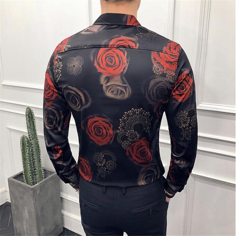 Rose Print Shirt Mannen Patroon Bloemen Shirt Mannen Lange Mouwen Slim Party Shirt Clube Camisa Mannen kleding