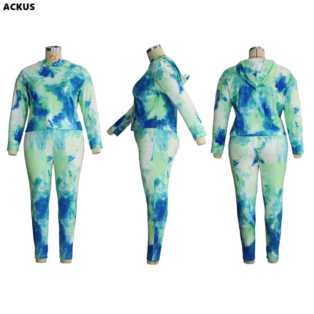 ACKUS Women Plus Size Set Tie Dye Loose Hoodies Tops Track Pants Two 2 Piece Sets Active Maxi Tracksuit Casual Outfits Autumn
