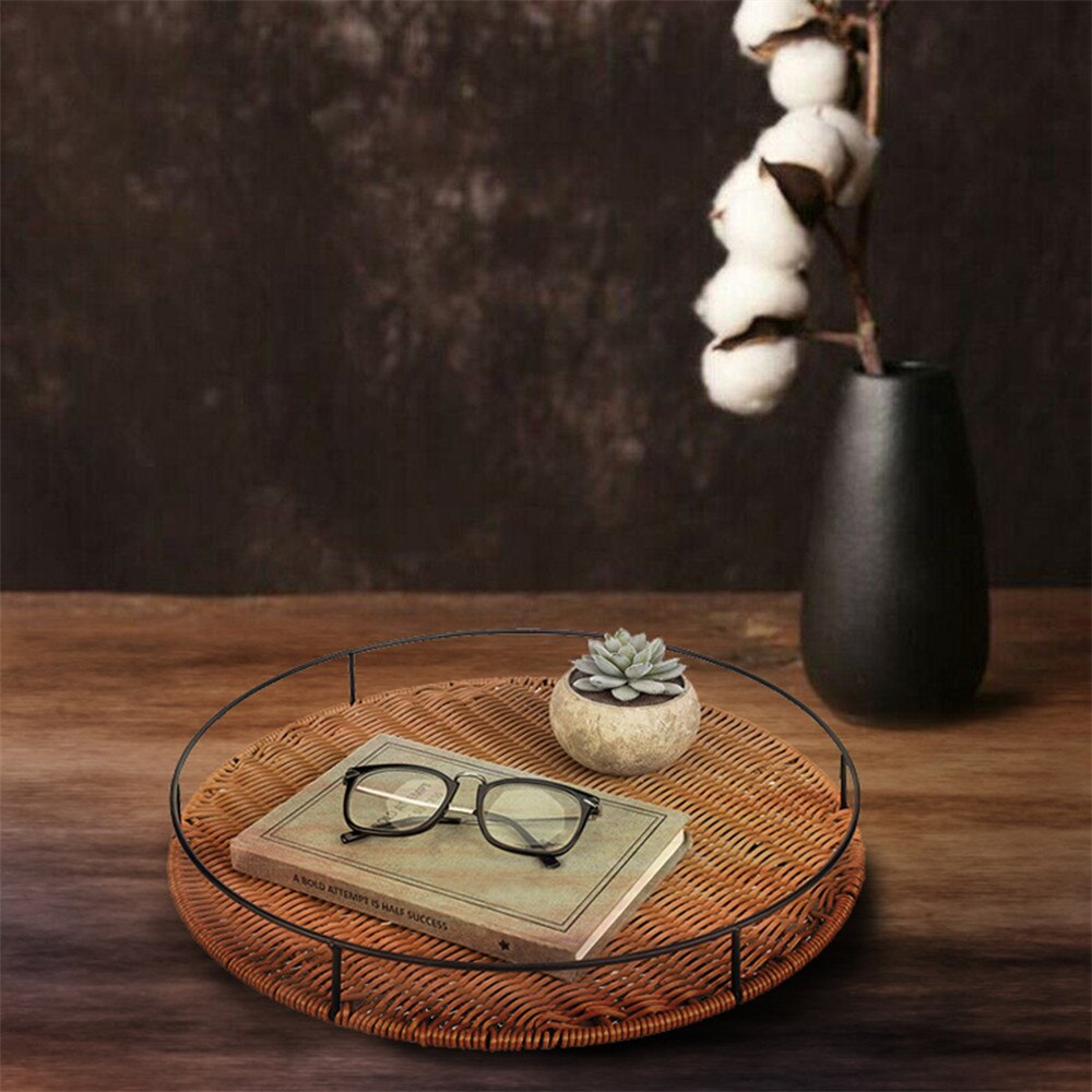 Rattan Woven Tray Round Basket Tray Coffee Table Tray Wood Plates Ottoman Tray for Living Room Brunch Decor Kitchen Ware
