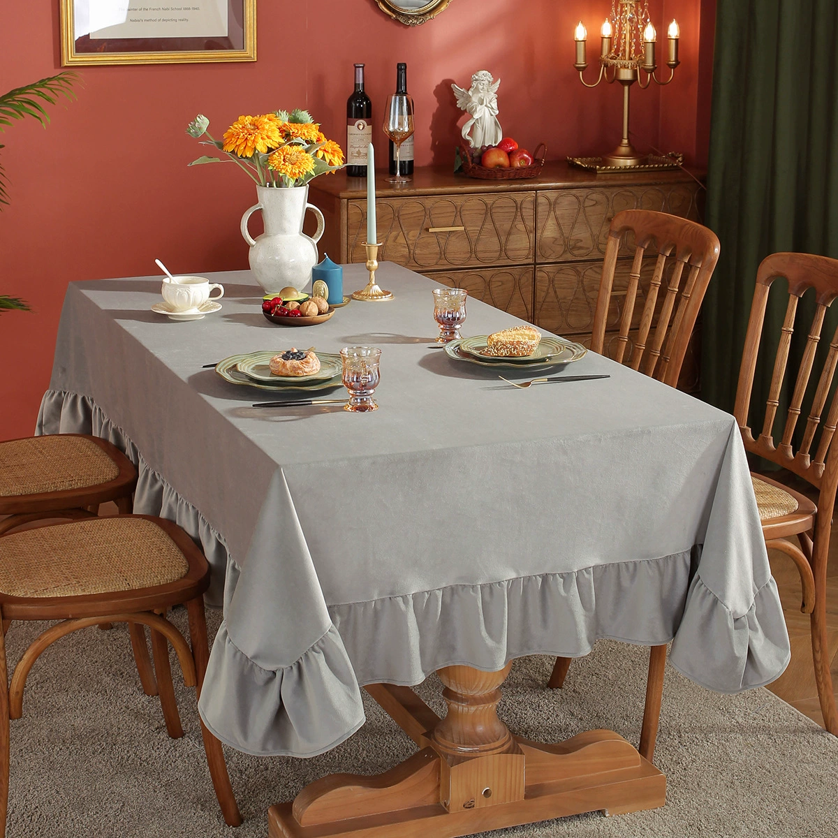 Velvet Tablecloth Luxurious Solid Rectangle Table Cloth,Oblong Retro Farmhouse Ruffle Tablecloth Washable Table Cover for Table