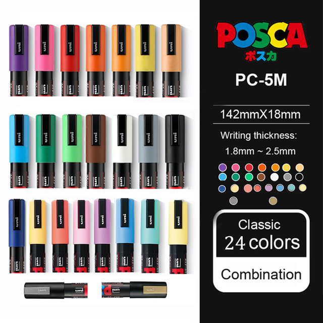 Uni Posca – ensemble complet de marqueurs de peinture acrylique, stylos PC-1M PC-3M PC-5M 7/8/12/15/24/29C pour peinture sur roche, Frabric, verre/métal, Graffiti