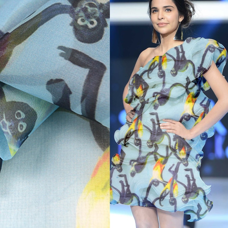 cartoon monkey print on blue silk organza silk fabric 10momme 55" width by yard,SOZ026
