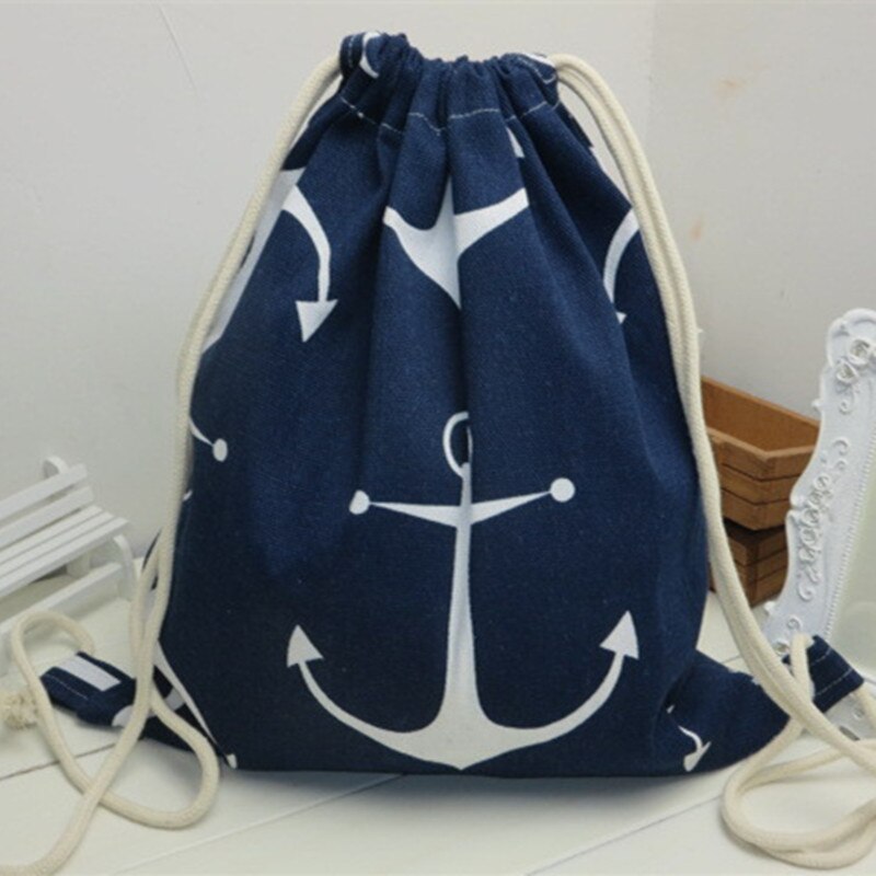 YILE Cotton Linen Drawstring Travel Backpack Student Book Shoes Bag Print Anchor Blue B02