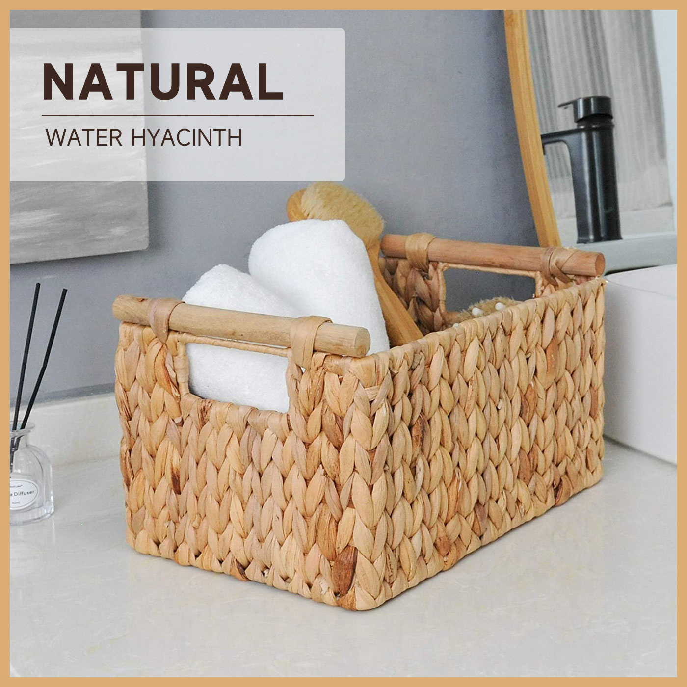 Bathroom Accessories Organizer Storage Baskets Water Hyacinth Cosmetic Makeup Wicker Wooden Handles Hand-Woven Kitchen Organizer