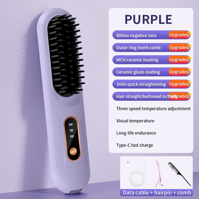 Peine de pelo liso con calefacción eléctrica, pantalla LCD, USB, inalámbrico, portátil, herramienta de peinado de iones negativos, cepillo alisador recargable: Morado