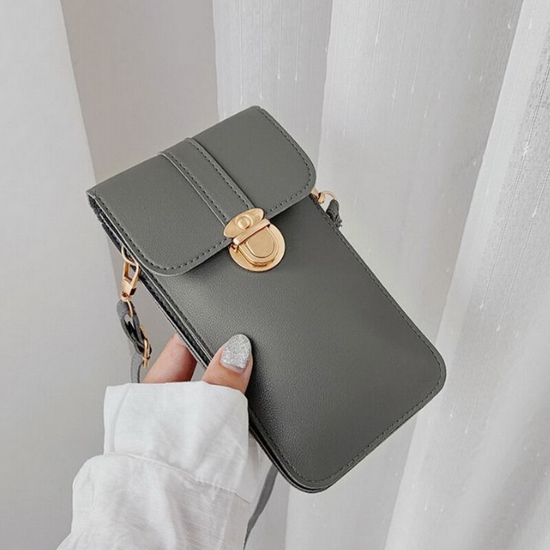 Litthing Touch Screen Mobile Phone Purse Smartphone Leather Mini Wallet Bag with Shoulder Strap Waterproof Touch Bag for Women: dark gray