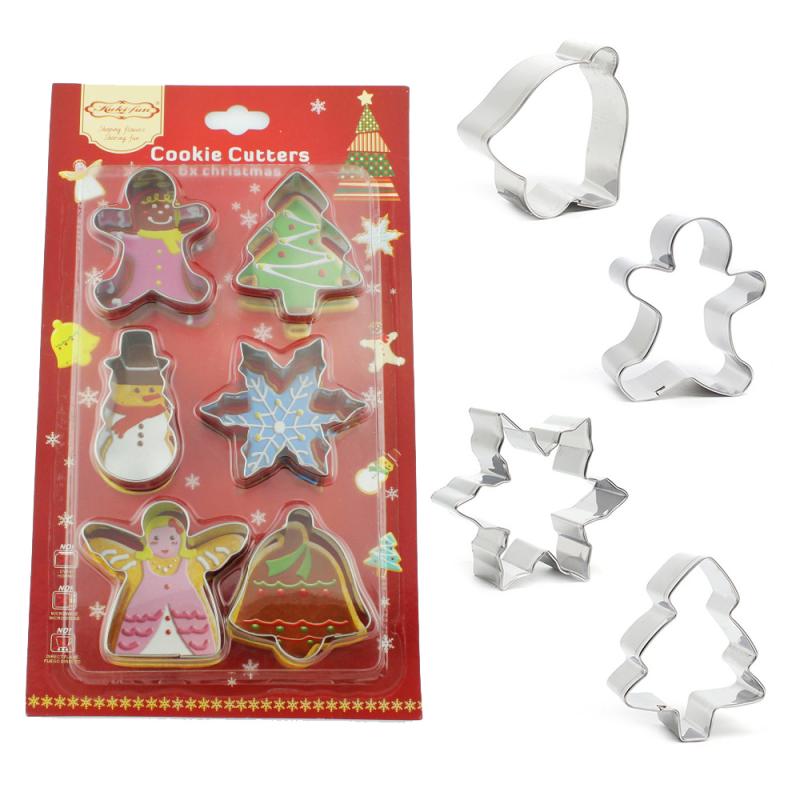 6 stuks Kerst Cookie Cutter Mold 3D Rvs Biscuit Mould Candy Biscuit Mold Koken Tool Kerst Thema Metal Cutter