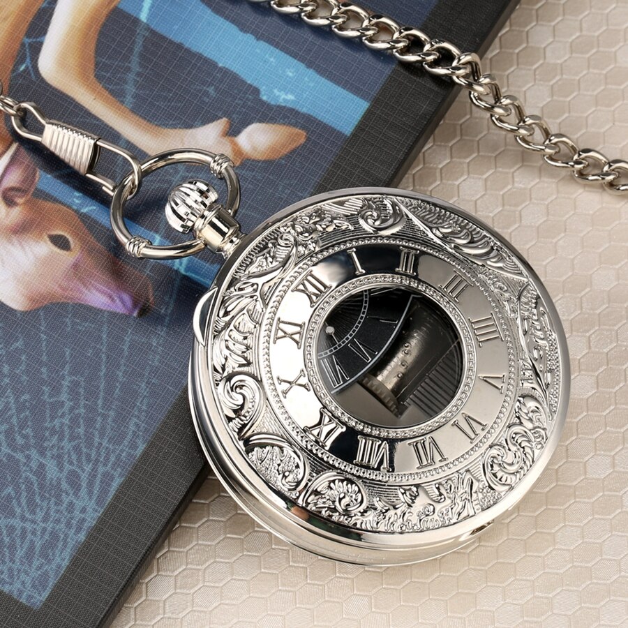 Reloj de bolsillo con movimiento Musical de plata de lujo, pulsera de mano de cuarzo con manivela para reproducir música, Fob, cadena colgante, de Año