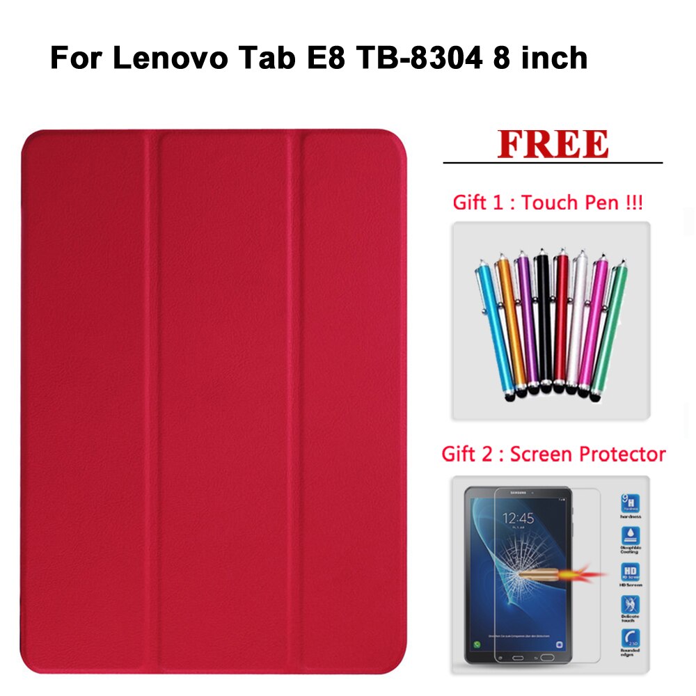 Free Screen Protector Glass +Case For Lenovo Tab E7 / E8 / E10 / M10 PU Leather Smart Magnetic Cover TB/X104F/7104F/8304F/X605F: Tab E8 hong