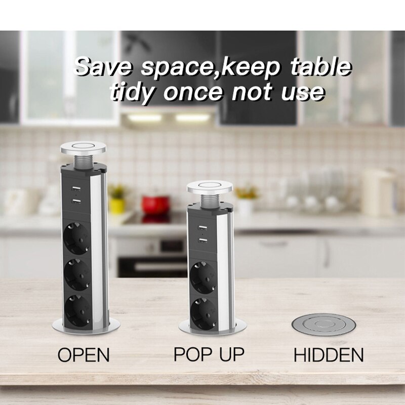 Kxn elektrisk bordplade pop-up stikkontakt eu standard forlængelse udtrækkelige køkkenstik med 2 usb opladerporte