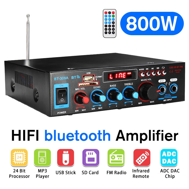 800w amplificateur bluetooth 110V/220V DC 12V entrée AUX USB SD Home cinéma amplificateurs voiture amplificateur de puissance Audio