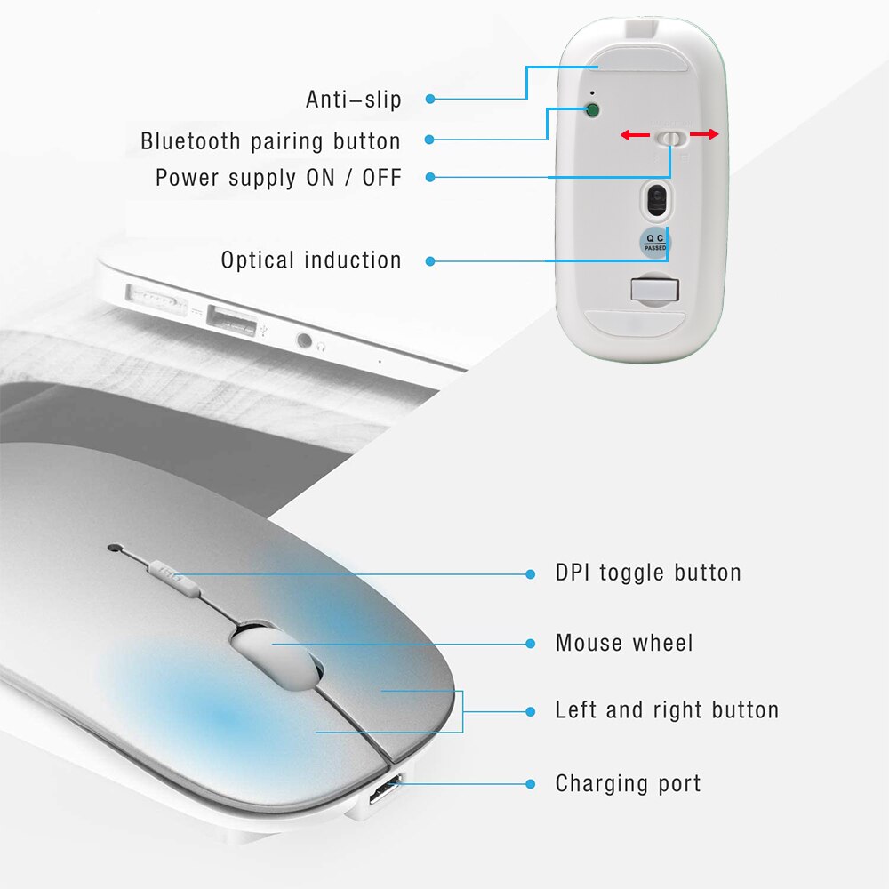 Wireless Support Bluetooth Mouse For Ipad Mac IOS Android Tablet Laptop PC Smart Phones Computer Slim Silent Mice Rechargeable