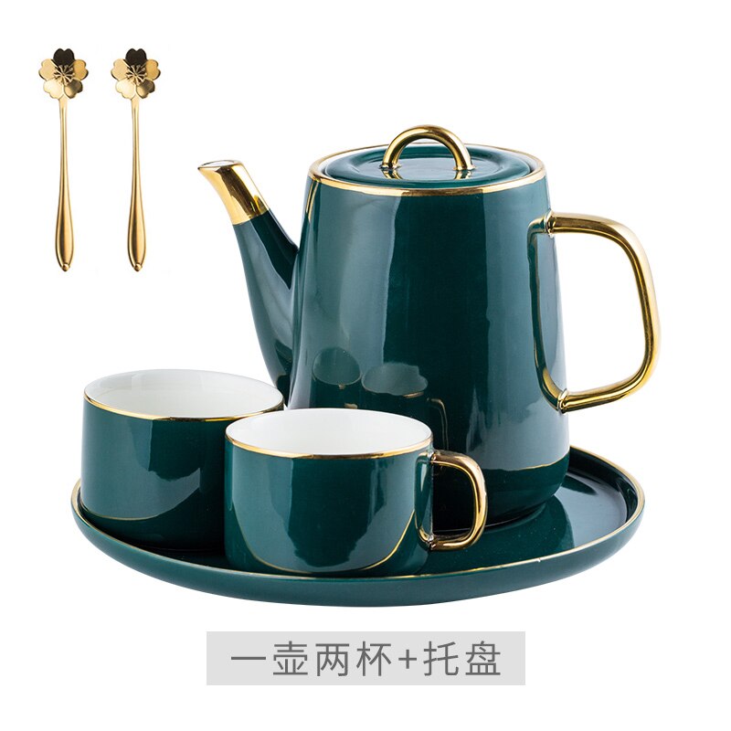 European Luxurious Green Ceramics Tea Set Teacup Teapot with Tray Suit Mugs Milk Tea Coffee Green Household Tea Set