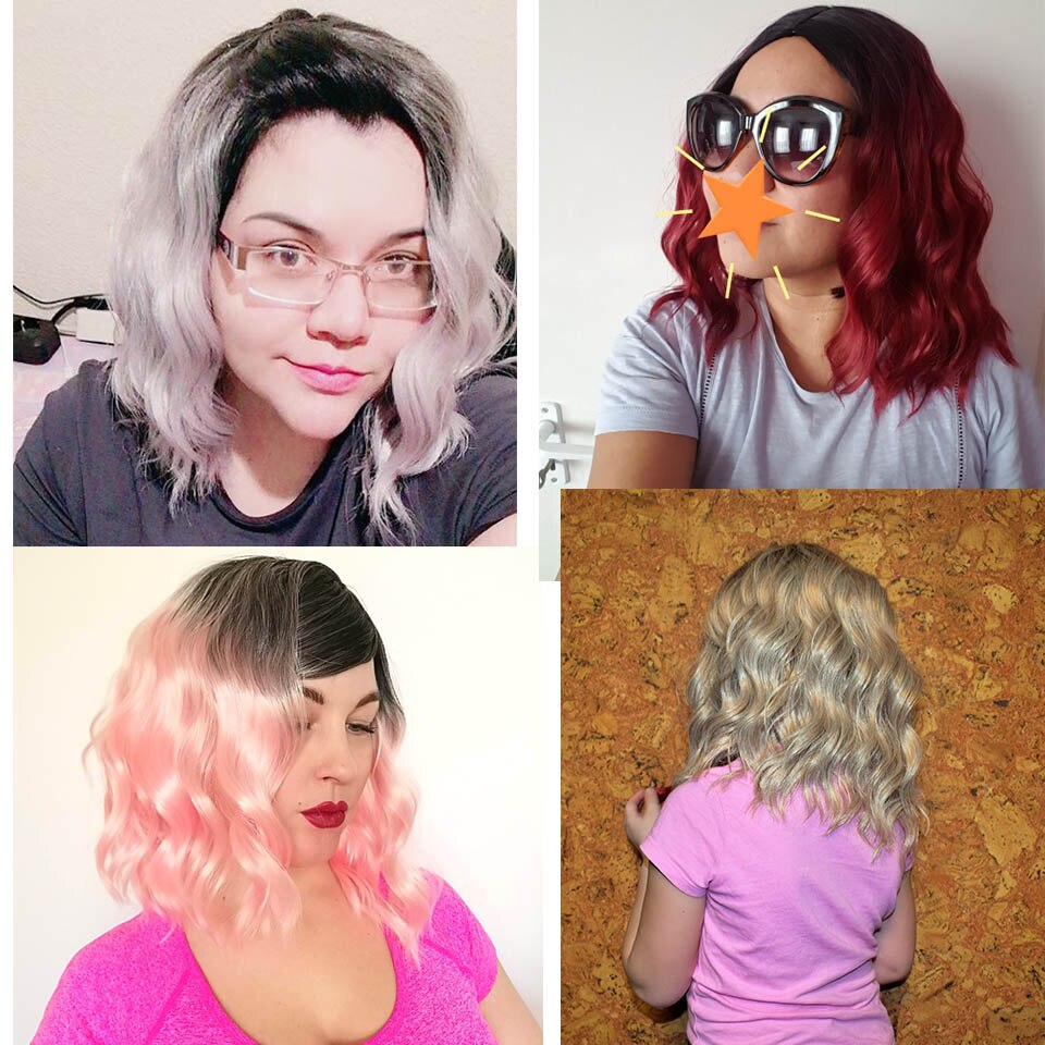 AISI QUEENS Water Wave Short Synthetic Wigs for Women Ombre Black and Purple Cosplay Bob Wig Blue Red Grey Pink Wig