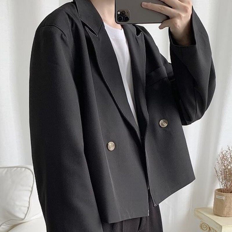 Autumn Short Blazer Men's Solid Color Business Casual Dress Jacket Men Streetwear Loose Korean Style Suit Jacket Mens