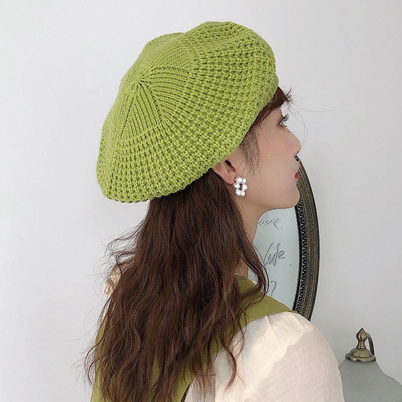 Women Knitted Beret Hat Painter Hat Solid Korean Version Vintage Beanie Hat Caps: Green