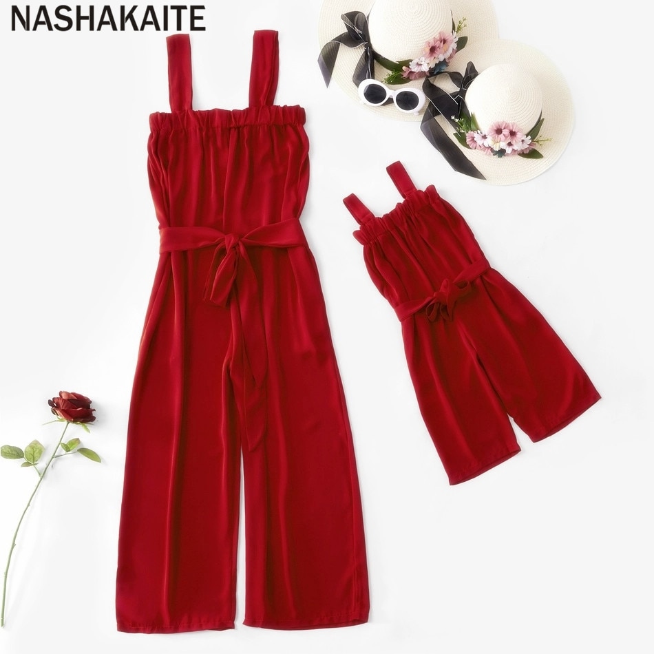 Nashakaite mama en ik kleding zomer rode tanktop met riem bijpassende jumpsuit strand moeder en dochter jumpsuit