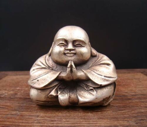 Collectible Handgemaakte Gesneden Standbeeld Koper Zilver Lachend Gezicht Buddha