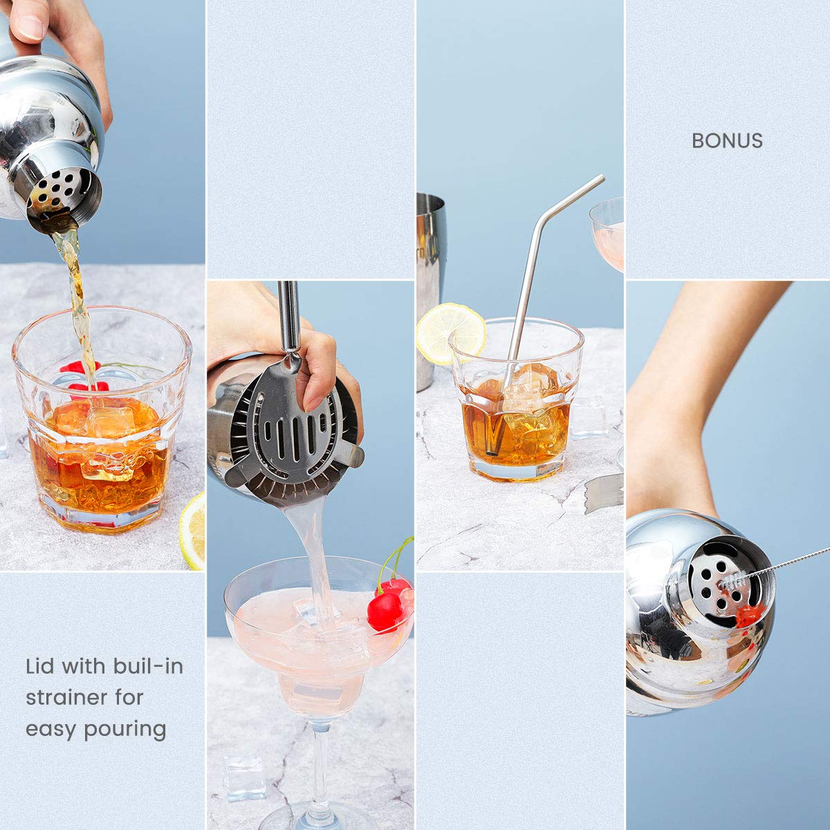 Barware Cocktail Shaker Bar Set cocktail making kit with Wooden Shelf Stainless Steel Bartender Tools Bar Muddler Mixer Maker