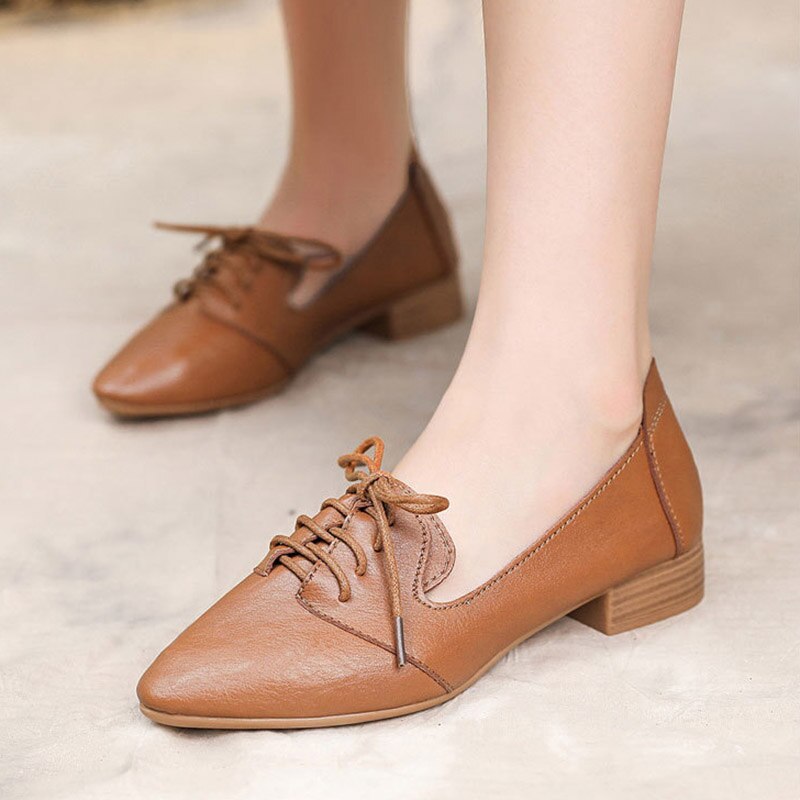 Spring Autumn Women Flats Pointed Toe Oxford Shoes Lace Up Leather Shoes Woman Casual Shoes Ladies Low Heels Loafers 8343R: Brown / 7.5