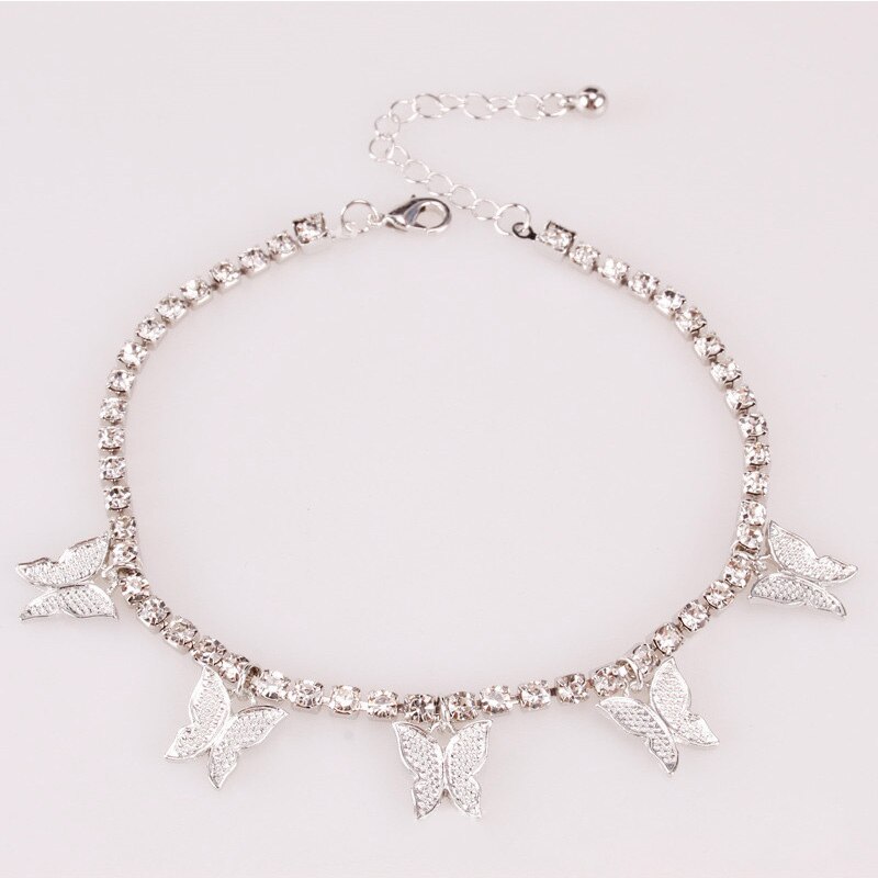 Tobillera de tenis con mariposa y cadena de oro, joyería con diamantes de imitación para mujer, colgante de mariposa y cristal, pulsera para el pie, joyería para mujer: Silver