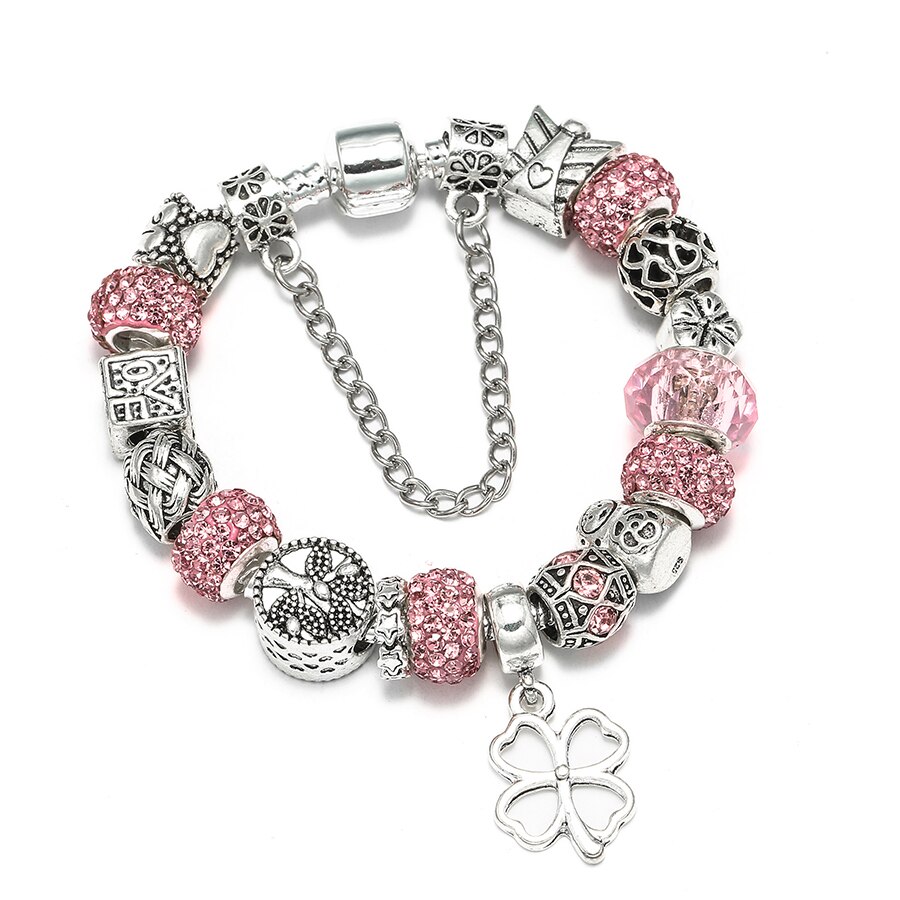 Seialoy Lucky Charm Bracelets For Women Original Pink Crystal Star Matryoshka Tree of Life Beaded Bracelet Bangle Jewelry: 18cm