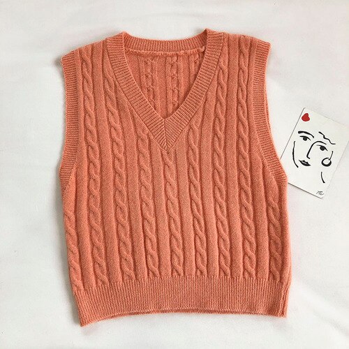 Gagarich Vest Women Autumn Korean Style Solid Color All-match Retro Pattern Knitted Slim V-neck Sleeveless Top Casual: Orange