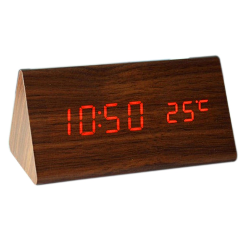triangular wooden clock,sound control,thermometer,4 color LED display,digital desktop bedroom alarm clock on desk