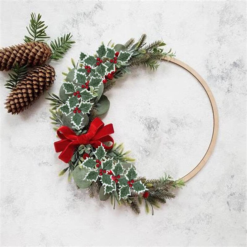 5/10Pcs Green Holly Leaf Leaves and Red Holly Berry Gold Cherry for Wedding Party Home Party Decoration DIY Christmas Wreath Dec