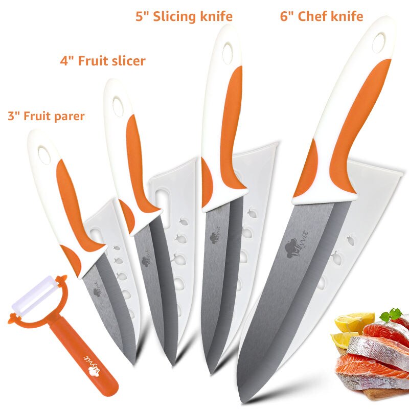 Kitchen Ceramic Knife 3 4 5 6 inch + Peeler Chef Paring Utility Slicing Fruit Vegetable Knife Black Blade Kitchen Cooking Tool: 3456 ORANGE WHITE
