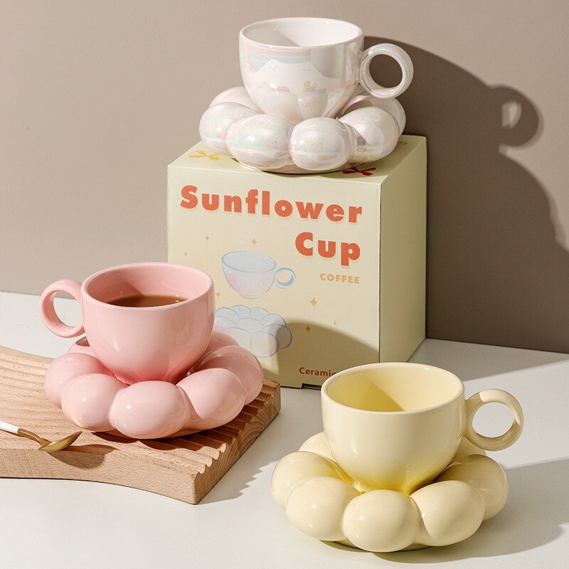Leuke Zonnebloem Porselein Koffie Kopjes Met Schoteltjes Kawaii Cappuccino Kopjes Caffe Cup Handvat Thee Set Drinkware