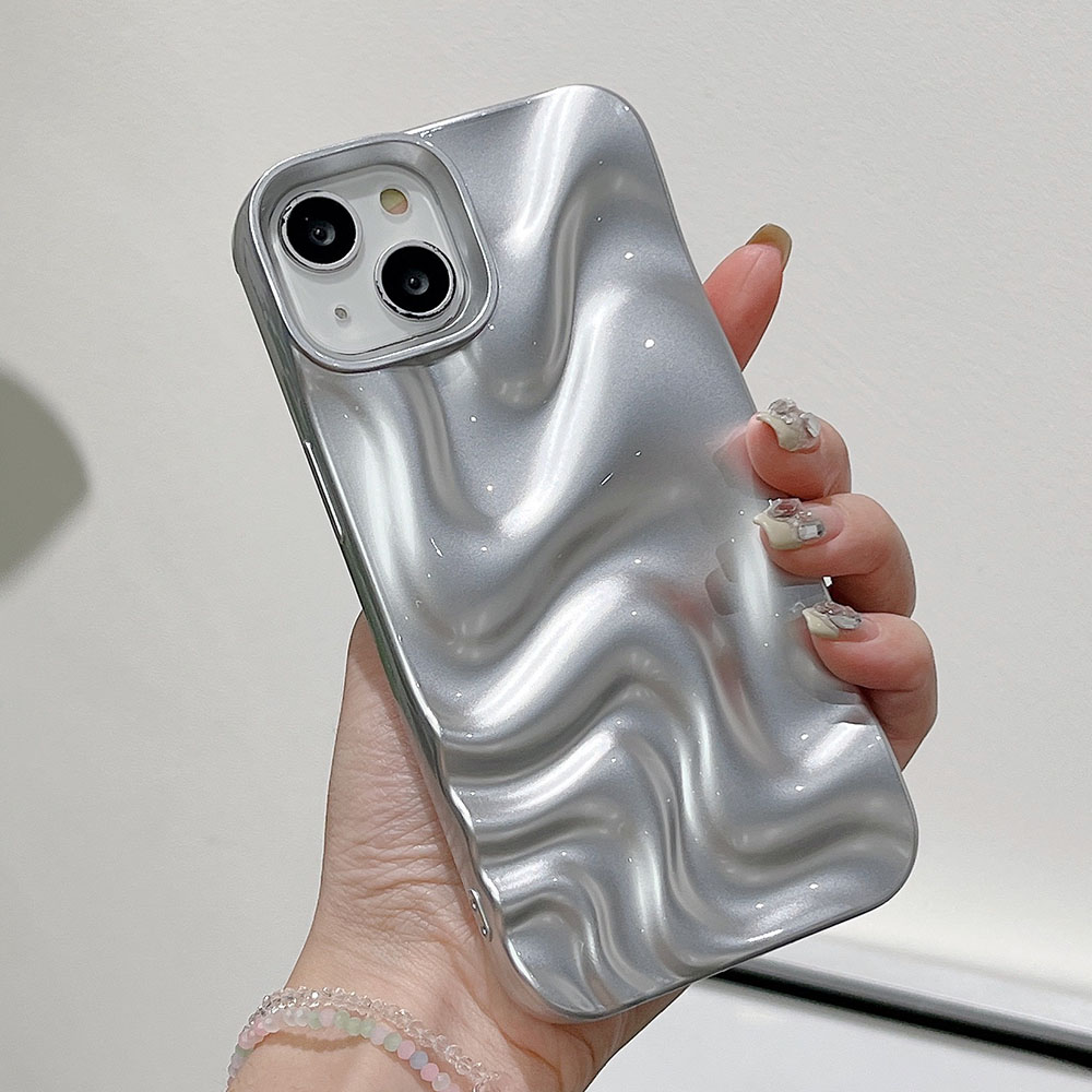 Funda de teléfono plateada mate con ondas de agua para iPhone 16, 15, 14, 13, 12, 11 Pro Max 16 Pro, funda protectora suave antiarrugas a prueba de golpes: Cuero artificial / Beige