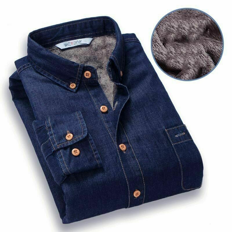 Herre vinter jeans skjorte varm fleece foret fløjl denim skjorter bundskjorte dd: Mørkeblå / Xl