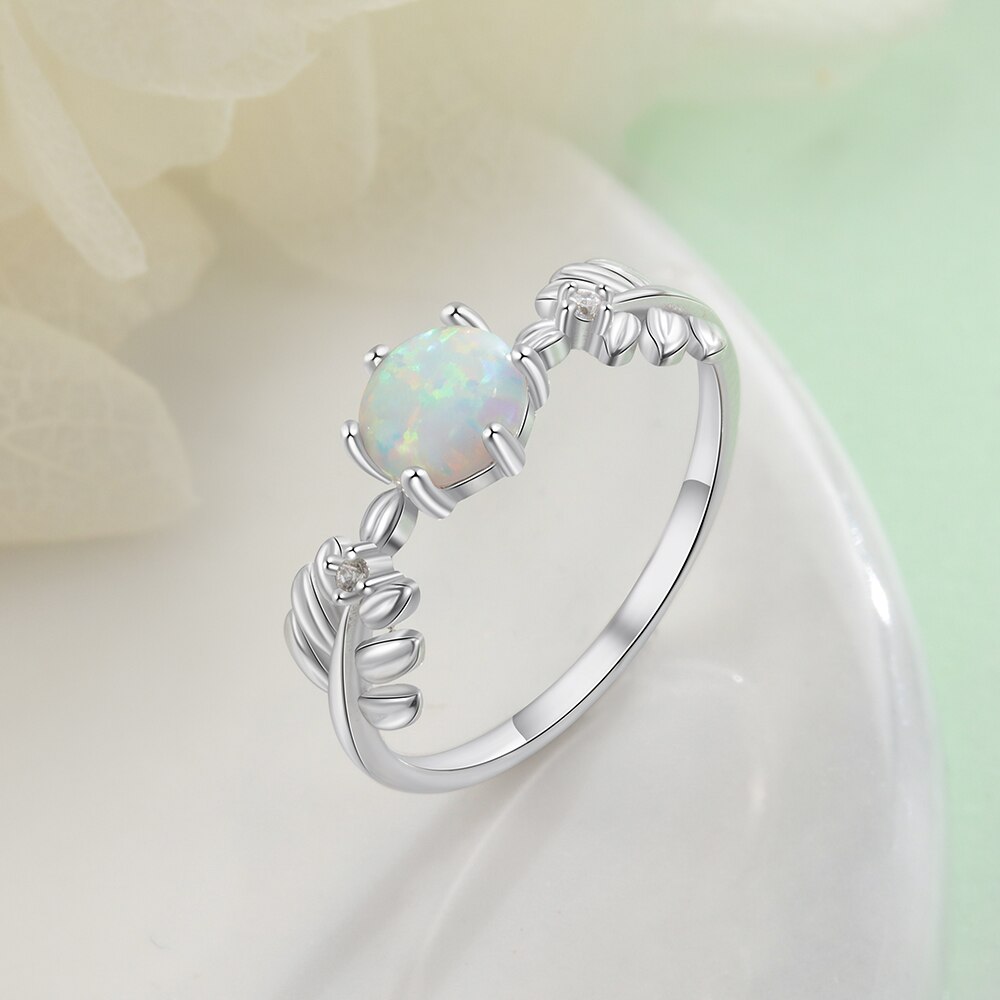 Ronde Witte Opaal Ring 925 Sterling Zilveren Tak Leaf Vrouwen Zirkoon Ring Koreaanse Bruiloft Engagement Sieraden (Lam Hub fong)