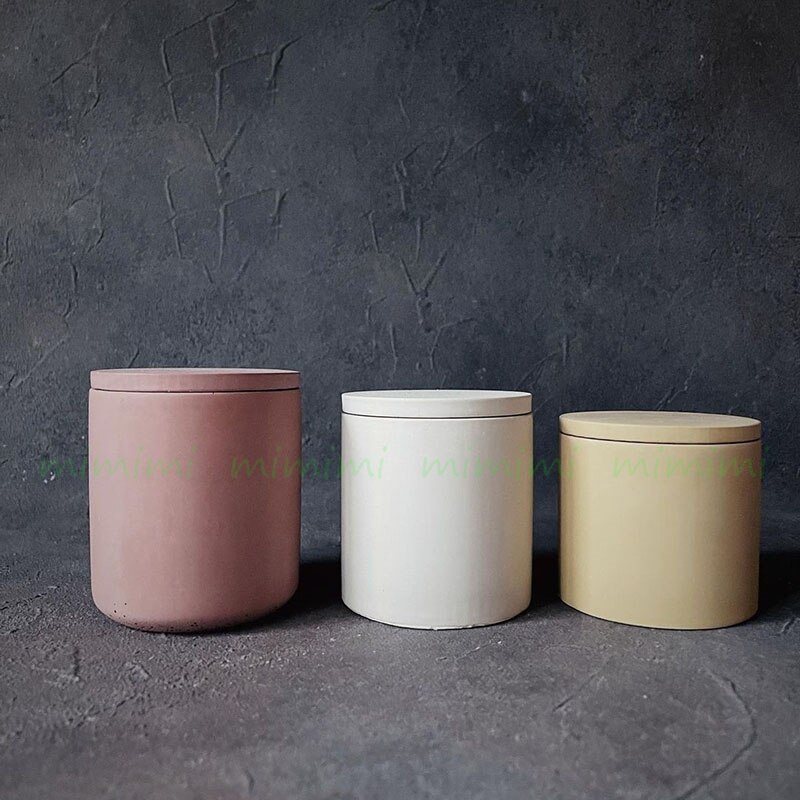 Pot de bougie rond avec couvercle, moule en béton et Silicone, récipient de bougie d&#39;aromathérapie, porte-stylo en plâtre de ciment