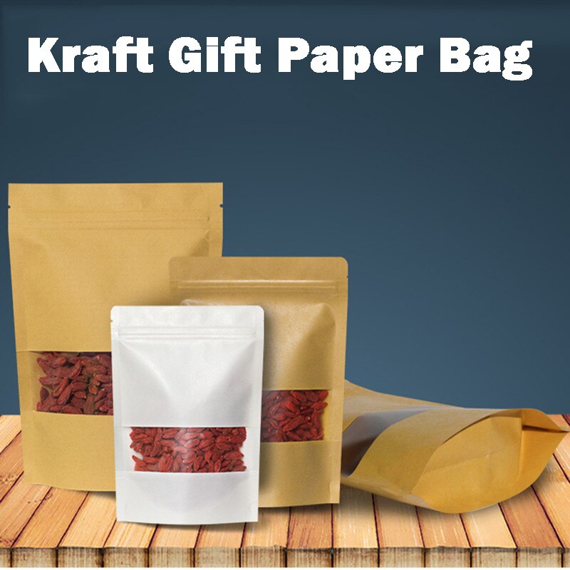 50pcs Kraft Paper Bags Zip Lock Brown With Window Stand Up Resealable Grip Ziplock Pouches Tea Coffee Bean Candy Packaging Food