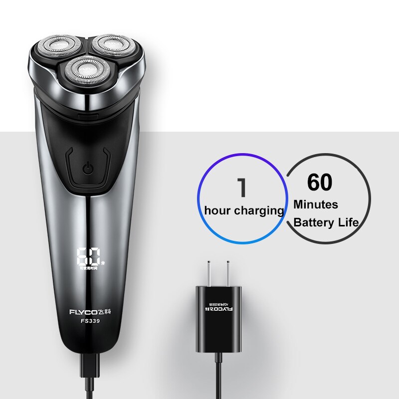 100% Original Flyco FS339 Electric Shaver Electric Razor Barbeador IPX7 Waterproof 1 Hour Rechargeable Washable Rotary for Men