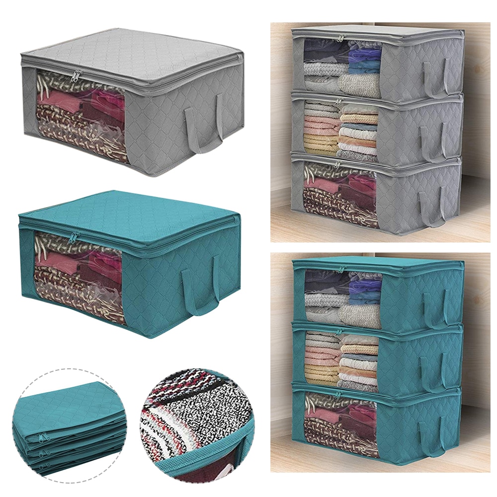 3pcs Non-Woven Fabric Clothing Storage Bag Folding Storage Box Clear Window Zipper Case Clothes Organizer Handles 49x36x21cm
