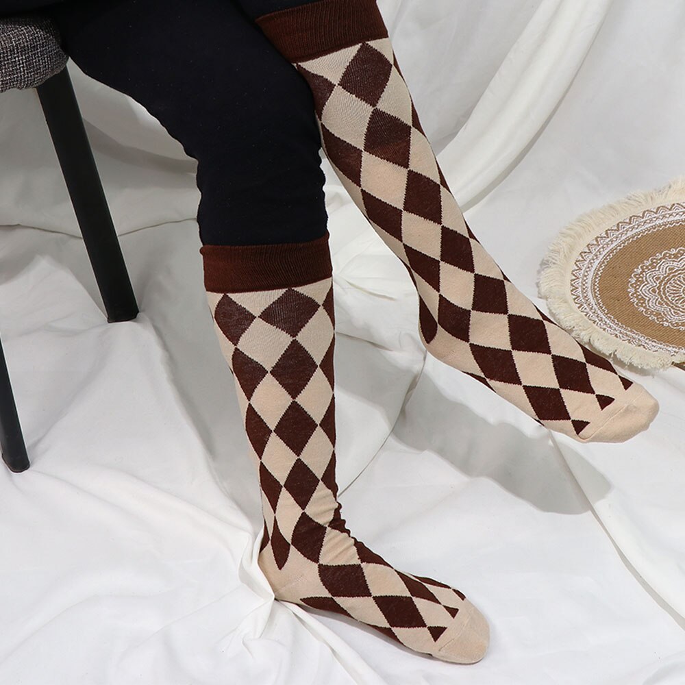 Girl JK Knee High Socks Stockings College Rhombus Plaid Knee Socks Women Keep Warm Female Sock Ladies Long Socks