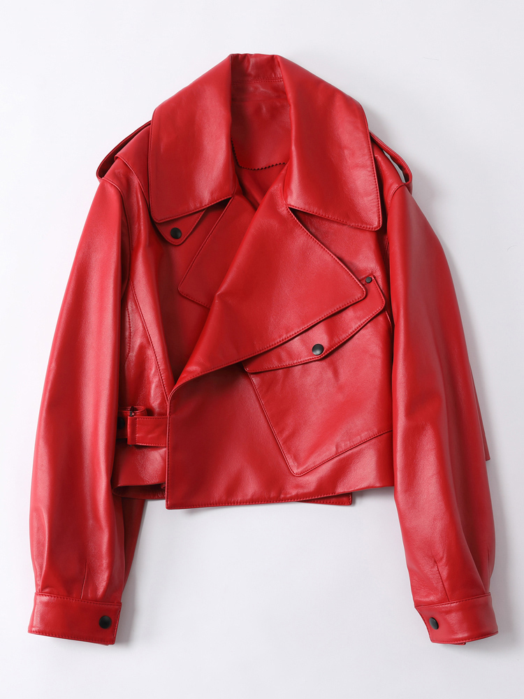 Aelegantmis sort kort løs pu læderjakke efterår vinter blød kunstlæder jakke street casual outwear damer biker jakke: Rød / S