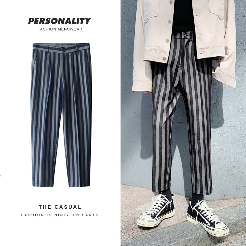 Koreanska randiga kostymbyxor herr slimmade business casual dress byxor herr samhället vilda lösa raka breda ben byxor herr