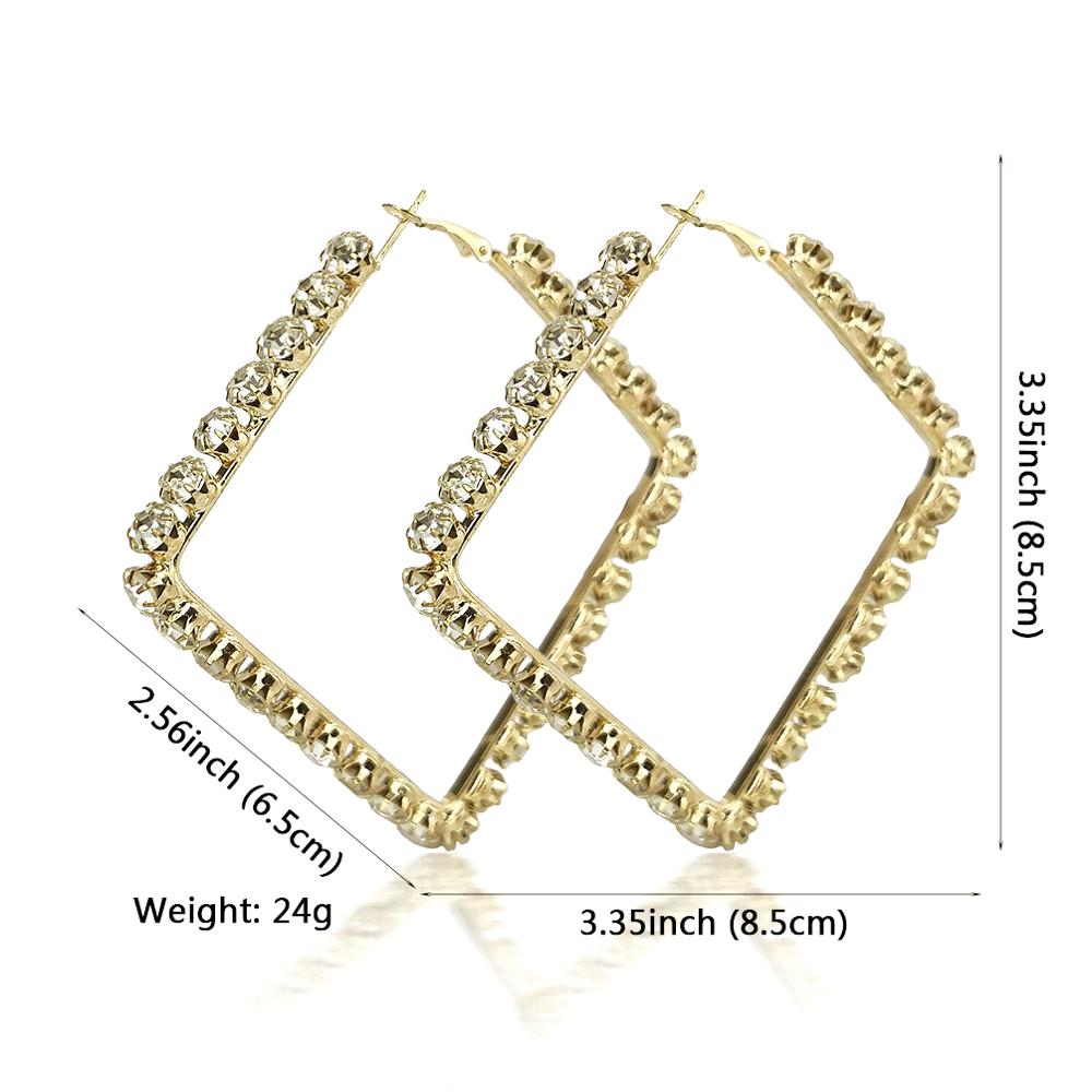 85MM Square Rhinestone Big Hoop Earrings For Women Geometric Punk Metal Statement Earrings Wedding Jewelry UKMOC