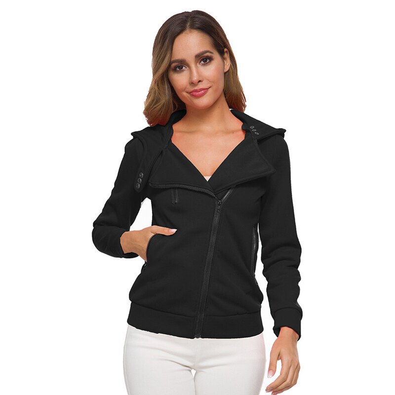Sweat à capuche de skate femme automne hiver revers fermeture éclair vêtements d'extérieur femme couleur unie à capuche Oblique Zip sweat à capuche de skate: black / S
