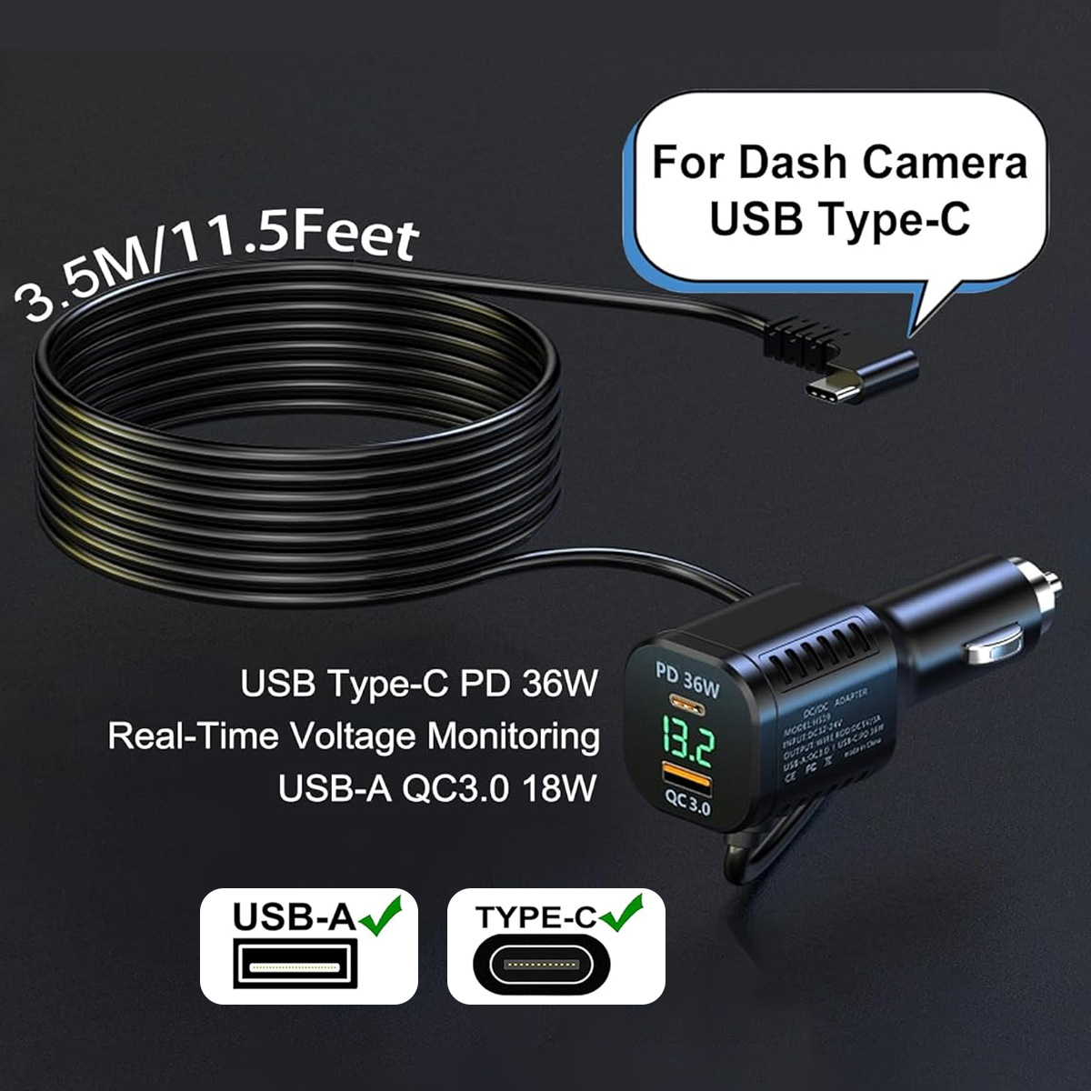 3m type c dashcamkabels, 5v snellaadkabels 2a usb-c voedingskabels voor auto-dvr-camera's, gps-recorders, lange kabeladapter, oplader