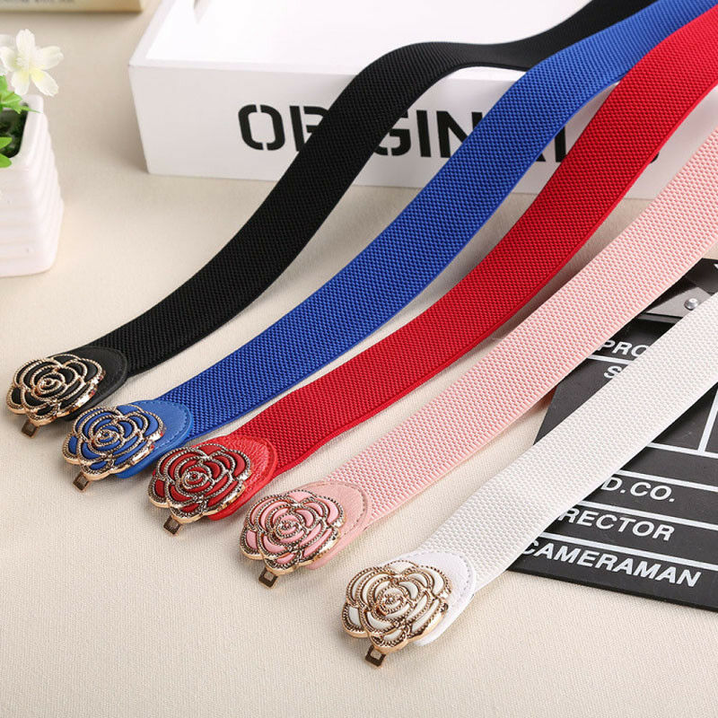 frauen Dame metallisch retro Blume Elastische dehnbar Kleid Schmale Taille Gürtel Band verrotten Blau Schwarz Weiß Rosa