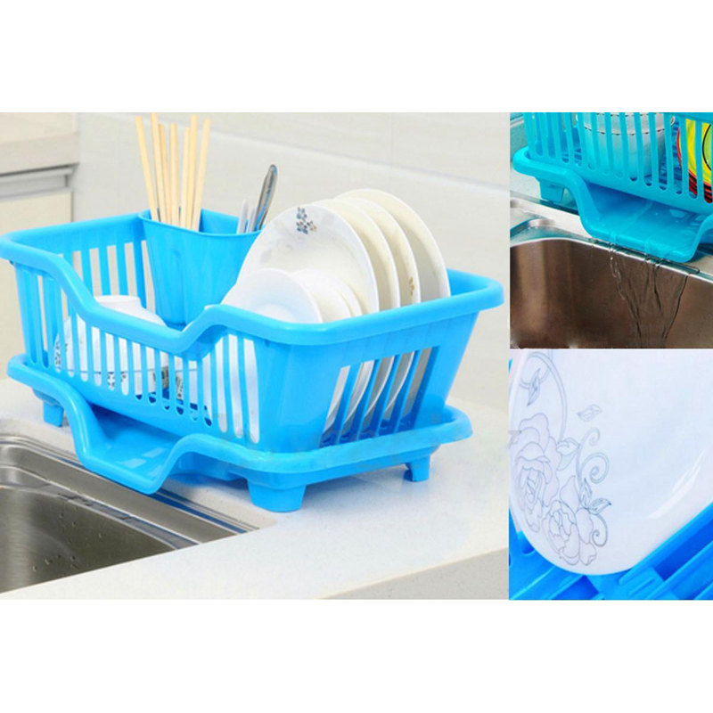 Kitchen Sink Dish Plate Utensil Drainer Drying Rack Holder Basket Organizer Tray, Blue