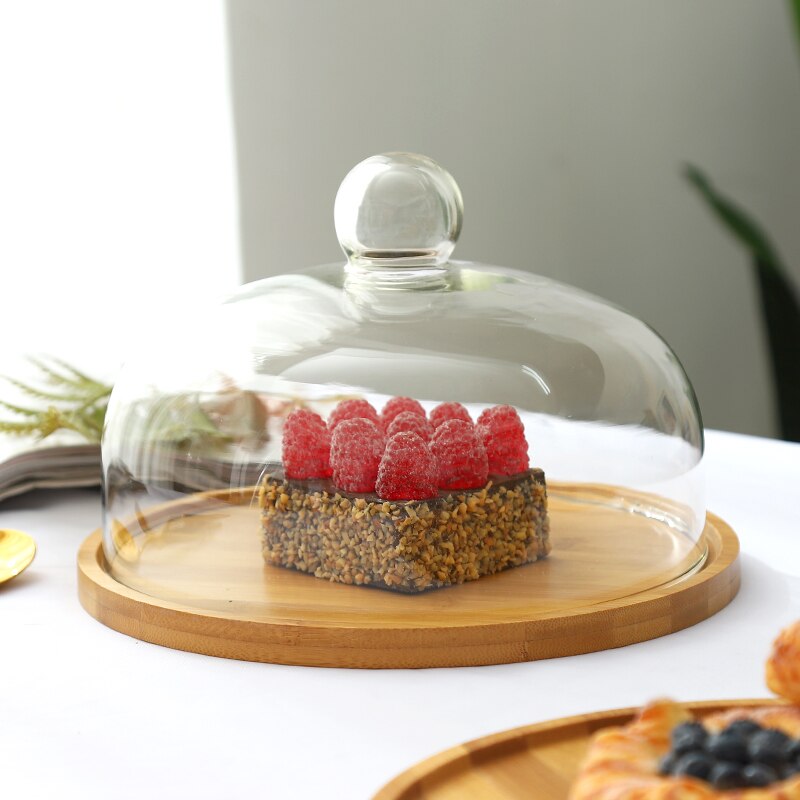 Cake Display Tray Glass Transparent Cover Dessert Fruit Tasting Box Pastry Bread and Pastry Tasting Wooden Tray Glass Cover