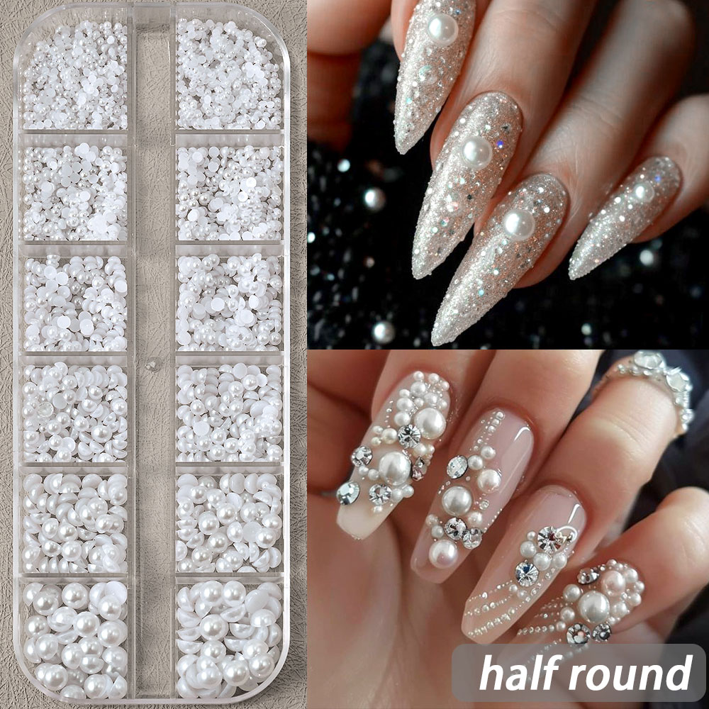 Perles demi-rondes à 12 grilles, breloques 3D pour ongles, 1.5/2/2.5/3/4/5mm, perles blanches à dos plat, bijoux pour ongles, artisanat des ongles, strass: Bleu