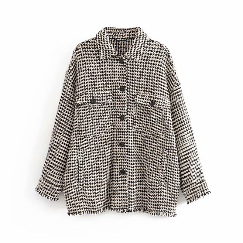 Twill tweed jakke dame vintage enkeltradet kvast frakke europæisk houndstooth jakke plus size oversize frakke: S