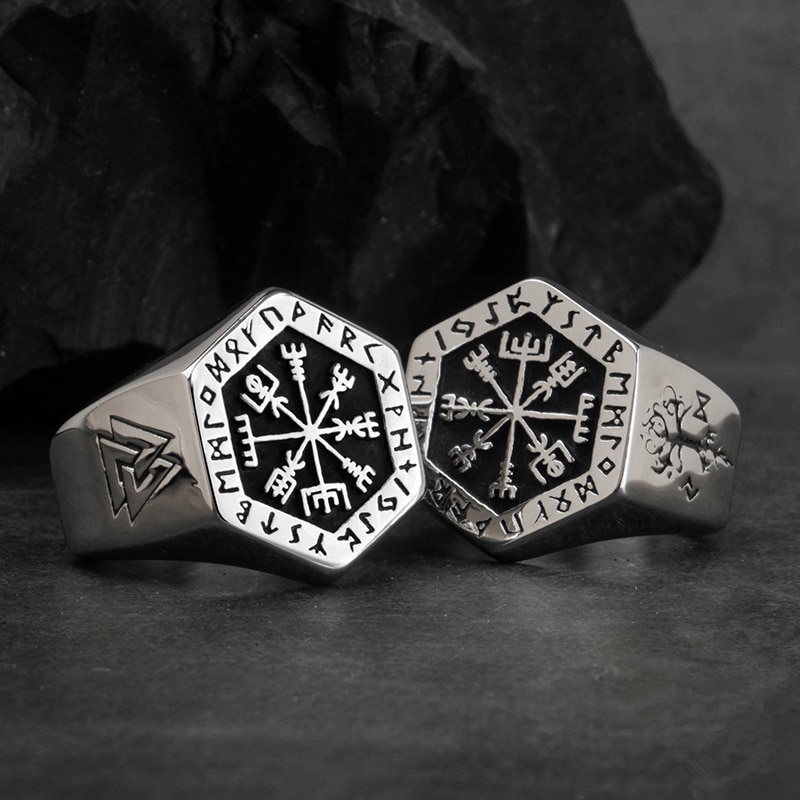 HIYONG Viking Compass Runic Statement Rings Men Vintage Color Nordic Viking Totem Odin Men Silver Rings Jewelry